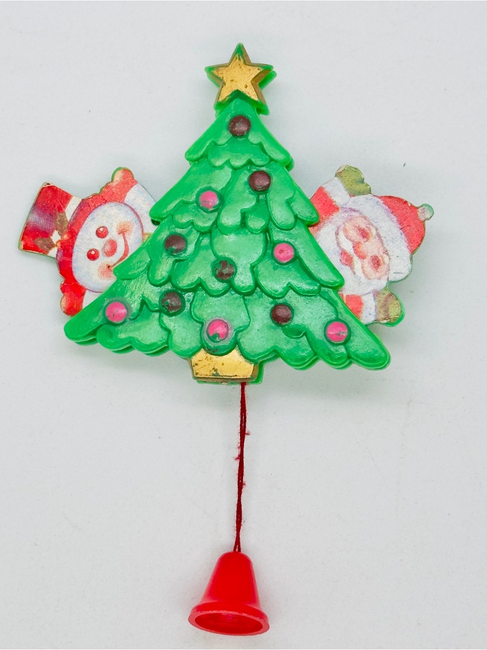 Vintage Plastic Pull String Christmas Tree Brooch Pin Hong Kong Santa Snowman